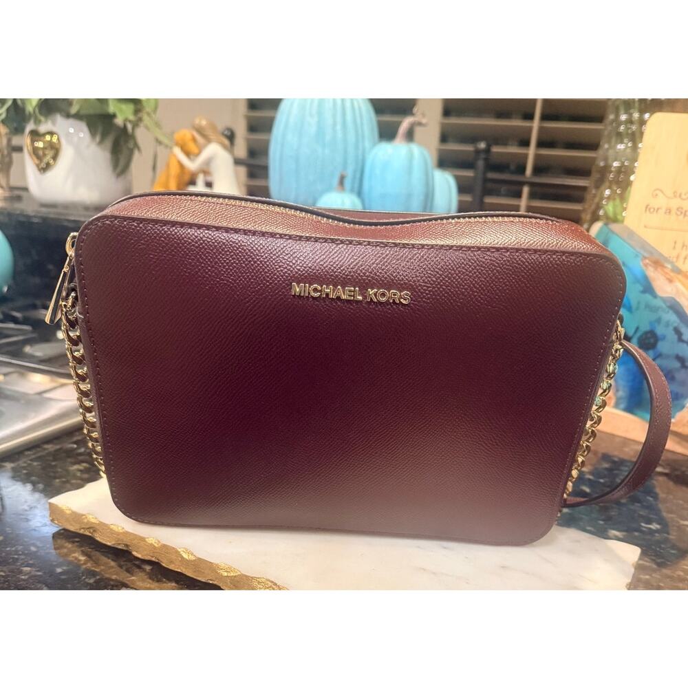 Michael Kors Jet Set Crossbody Bag Brown Leather Gold Chain Small Purse